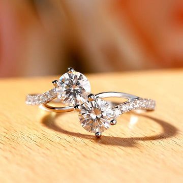 Silver Tone Floral Ring with Two Clear Round Stones