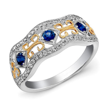 Two Tone Openwork Band Ring with Blue Stones Design
