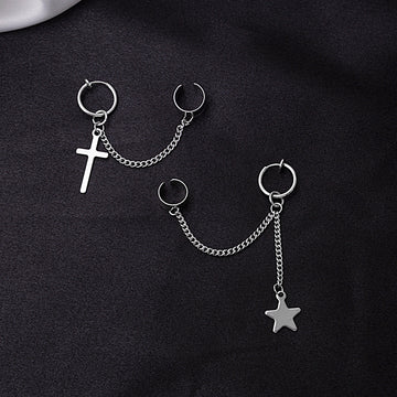 Silver Star and Cross Chain Linked Ear Cuff Earrings