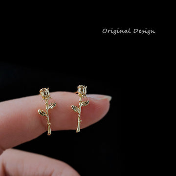 Gold Tone Mini Rose Stem Vertical Bud Stud Earrings Pair