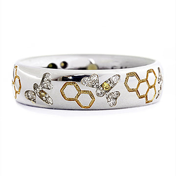 Two Tone Bee and Honeycomb Crystal Wide Band Ring Jewelry