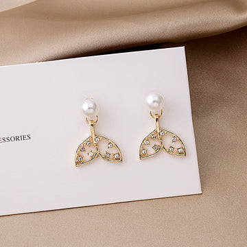 Open Whale Tail Pearl Look and Clear Stone Stud Earrings