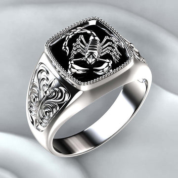 Black Enamel Scorpion Signet Ring With Engraved Shoulders