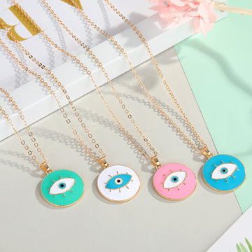 Gold Tone Round Enamel Evil Eye Pendant Necklaces in Four Colors
