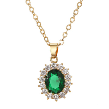 Gold Tone Oval Crystal Halo Pendant Necklaces in Three Colors
