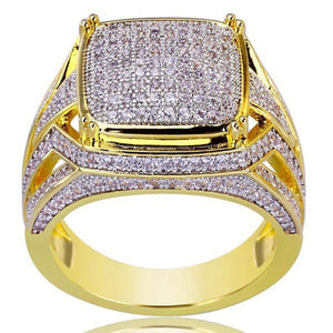Gold-Tone Square Pave Statement Ring With Layered Shoulders