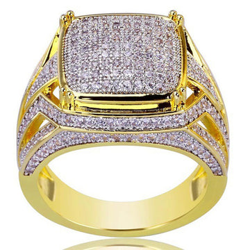 Gold-Tone Square Pave Statement Ring With Layered Shoulders