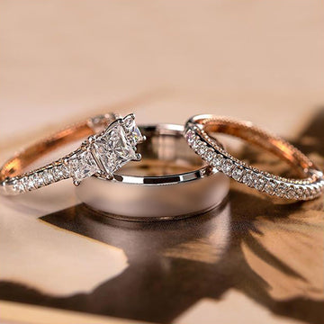 Two Tone Crystal Crossover Three Band Ring Set Polished Metal Jewelry