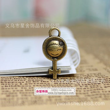 Girl Symbol And Smiley Disc Pendant Charms In Multiple Metal Finishes