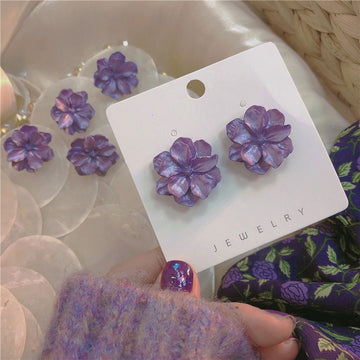 Purple Flower Stud Earrings with Sculpted Polished Metal Details