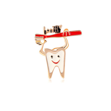 Gold Tone Tooth and Toothbrush Brooch Pin with Red Detail