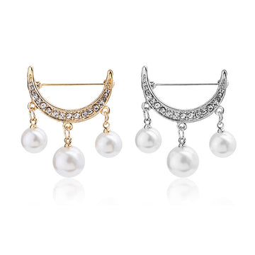 Rhinestone Crescent Moon Brooch with Three Pearl Drops