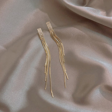 Crystal Bar Chain Tassel Earrings with Sparkling Stone Details