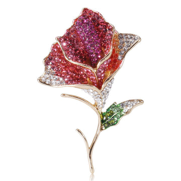 Crystal Rose Stem Brooch in Blue Pink or Red Stem Pin