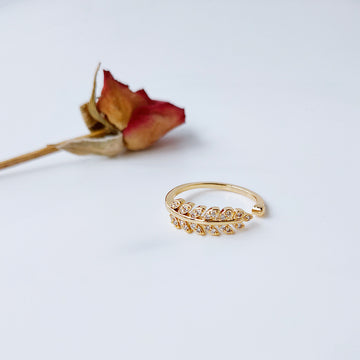 Gold Tone Clear Stone Leaf Wrap Open Adjustable Ring