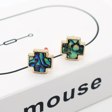 Gold Tone Abalone Shell Cross Stud Earrings with Geometric Frame