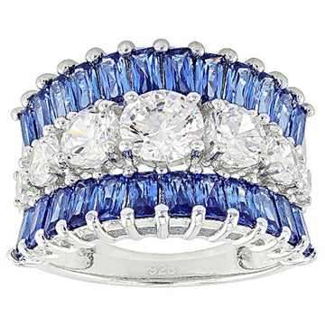 Blue Baguette and Clear Crystal Wide Band Statement Ring
