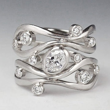 Silver Wave Band Oval Clear CZ Geometric Fashion Ring Metal