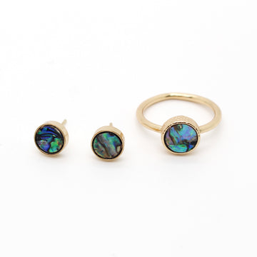 Gold Tone Round Abalone Shell Stud Earrings and Ring Options