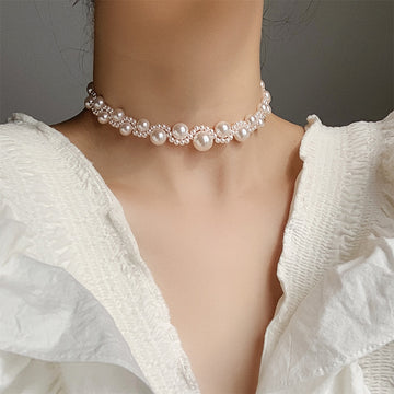 White Multi Strand Graduated Faux Pearl Choker Necklace
