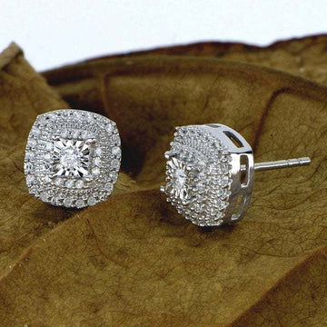 Square Double-Halo Clear Stone Stud Earrings In Silver Tone