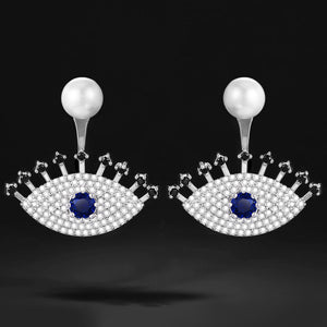 Silver Tone Blue Eye and Faux Pearl Jacket Earrings