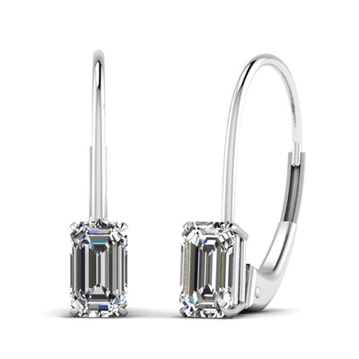 Pair silver emerald cut clear CZ leverback earrings white background