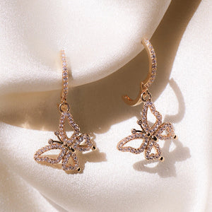 Rose Gold Tone Butterfly Drop Earrings With Clear Stones