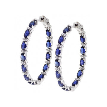 Deep Blue Oval Stone Large Hoop Earrings In Silver Tone