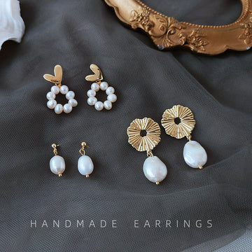 Gold Sunburst Disk Baroque Pearl Drop Earrings Pair