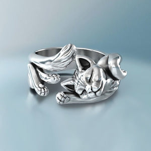 Silver Sleeping Cat Open Ring Fish Bone Accent Metal