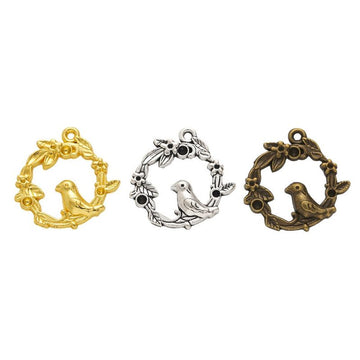 Bird In Wreath Metal Charm In 3 Finish Options for Jewelry Making