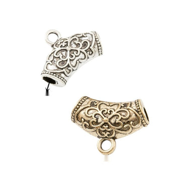 Ornate Curved Bail with a curved floral body with a lower hanging loop in 2 Metal Finishes