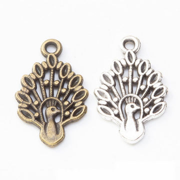 Fan Tail Peacock Metal Charms in Antique Bronze and Silver