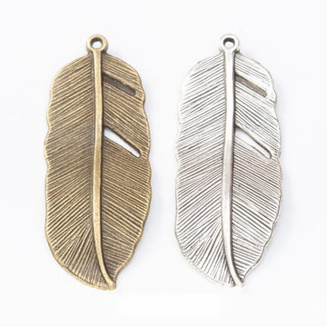 Large Detailed Feather Metal Charm Pendant Jewelry Making Component