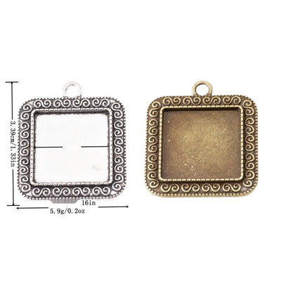 Grouped front view of scroll border square cabochon settings in the available finishes