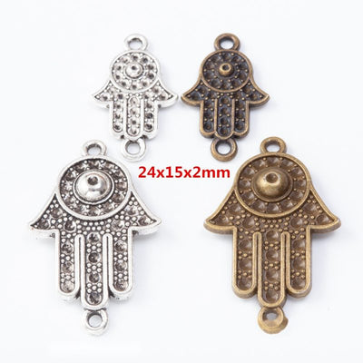 Eye Detail Hamsa Connector metal piece overview of 4 available finishes beside printed specifications