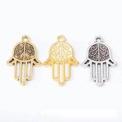 Hamsa Hand Charm Pendant finish comparison showing an open hand silhouette with patterned palm detail