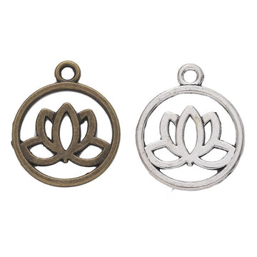 Round Lotus Detailed Metal Charm in 2 Finishes for Crafting
