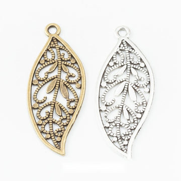 Openwork Filigree Leaf Charm In Antique Bronze and Antique Silver Metal Finish