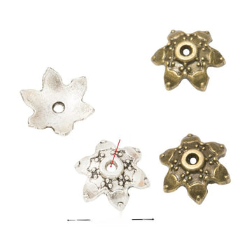 Pointed Flower Bead Cap with pointed petals with dotted floral relief in 2 Metal Finishes