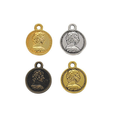Grouped front views of cameo portrait coin charms