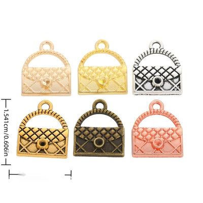 Front and reverse views of handbag charms with measurement and weight guides
