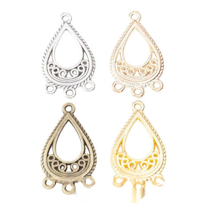 Overview of teardrop connector charms in the available designs and finishes