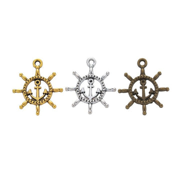 Anchor Center Ship Wheel Charms in Antique Bronze, Antique Gold, Antique Silver