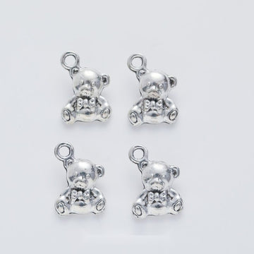 Antique Silver Teddy Bear Charm with Bow and Raised Details