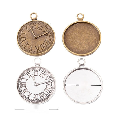 Product view of clock cabochon setting showing a round Roman-numeral clock face paired with a recessed circular setting