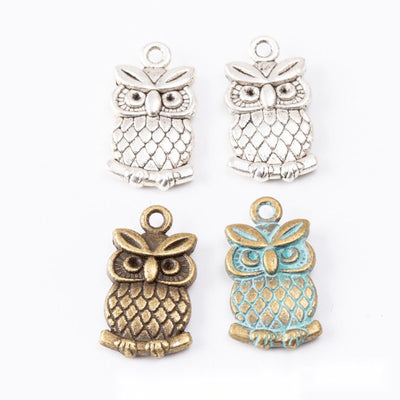 Group view of a wide-eyed owl perches on a branch with etched feather details