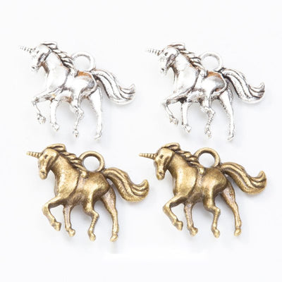 Overview of running unicorn charms in the available designs and finishes