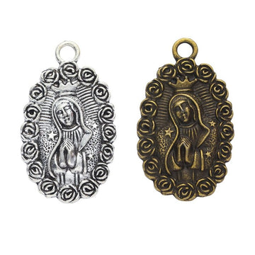 Rose Framed Virgin Medal Charm in 2 Metal Finishes for Jewelry Making